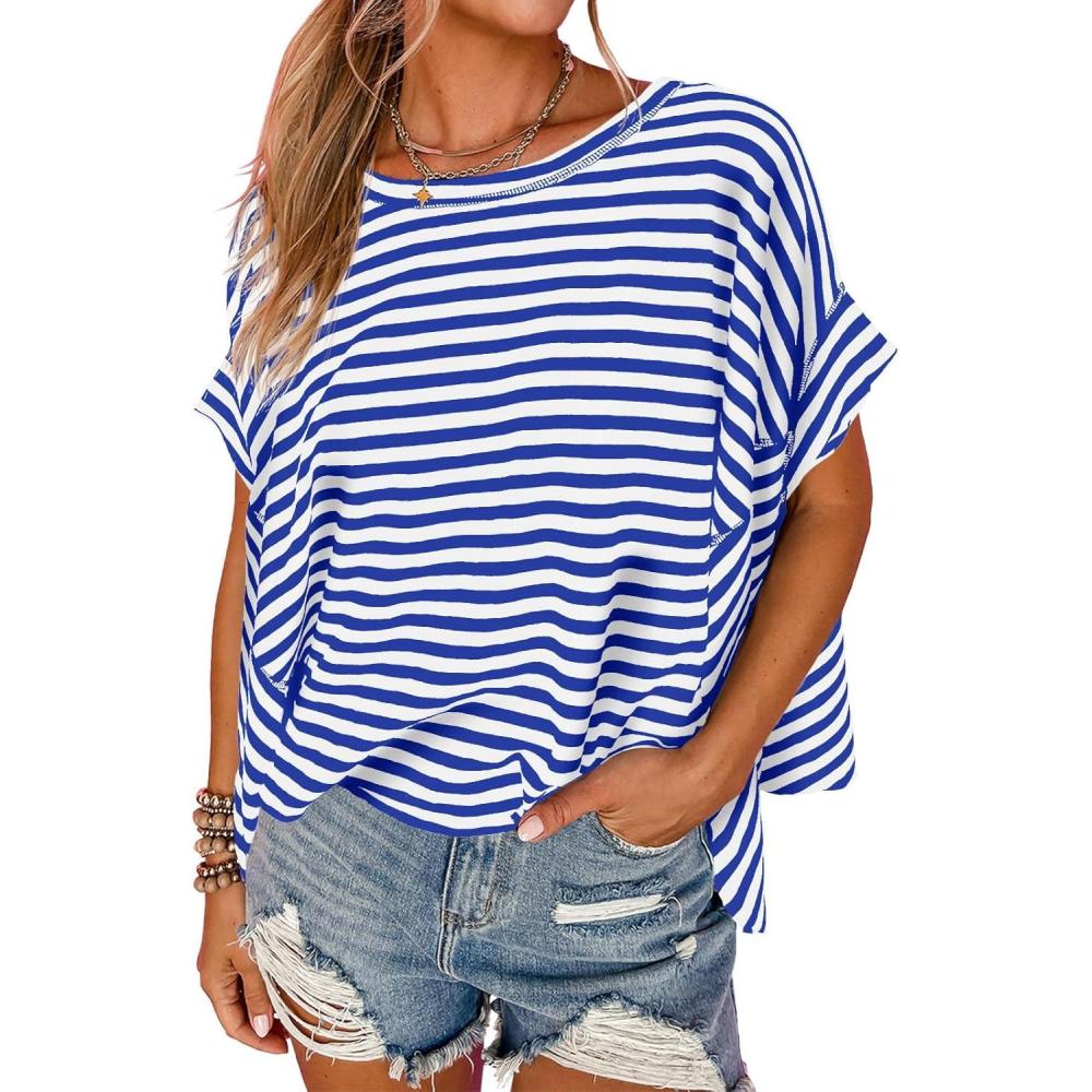 imageTankaneo Womens Oversized Striped Tshirts Irregular Hem Batwing Short Sleeve Tops Summer Casual Round Neck Tee ShirtsBlue