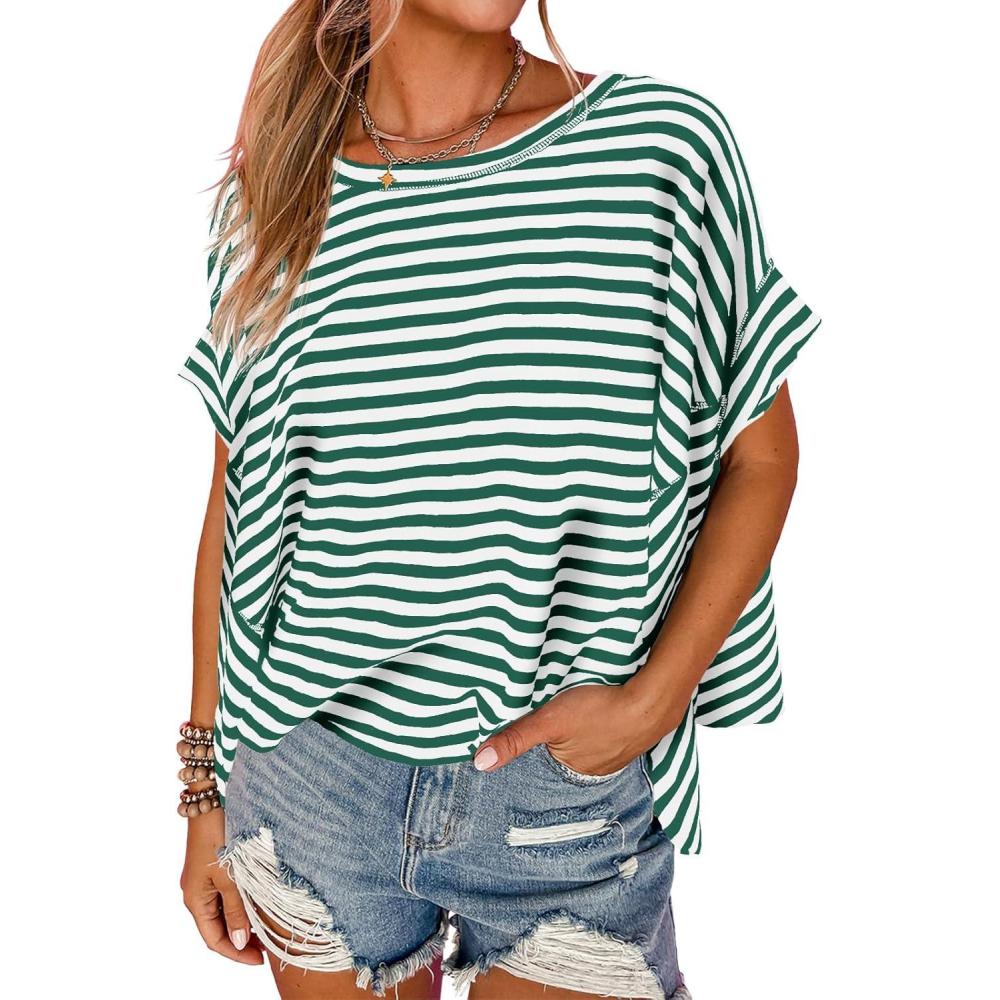 imageTankaneo Womens Oversized Striped Tshirts Irregular Hem Batwing Short Sleeve Tops Summer Casual Round Neck Tee ShirtsGreen