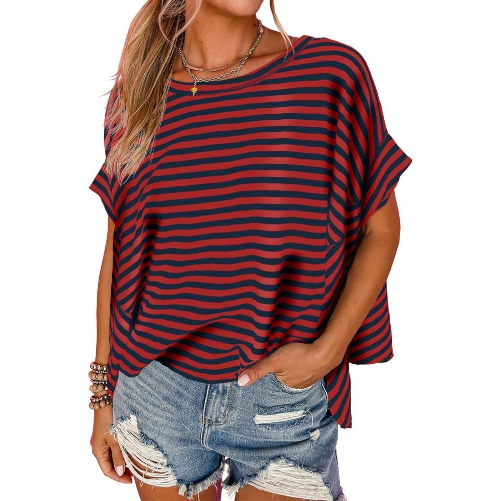 imageTankaneo Womens Oversized Striped Tshirts Irregular Hem Batwing Short Sleeve Tops Summer Casual Round Neck Tee ShirtsRed