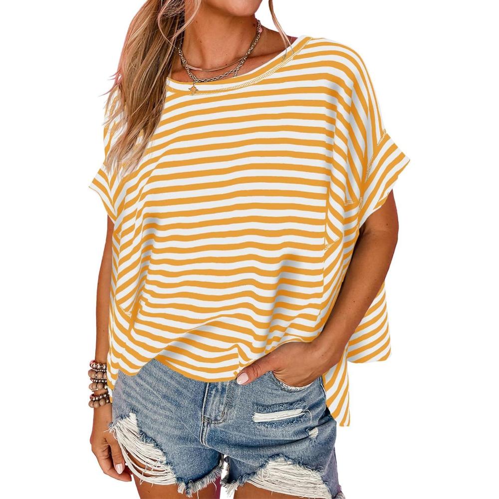 imageTankaneo Womens Oversized Striped Tshirts Irregular Hem Batwing Short Sleeve Tops Summer Casual Round Neck Tee ShirtsYellow