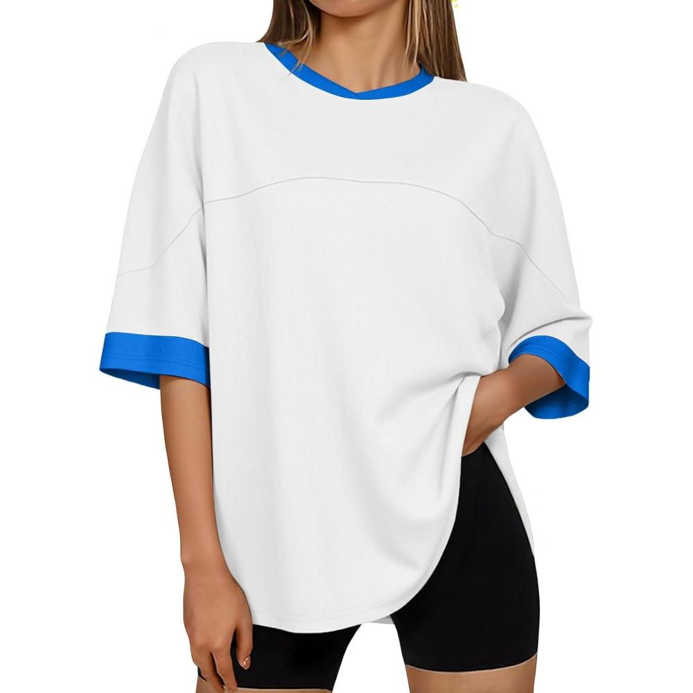 imageTankaneo Womens Oversized T Shirts Casual Summer Short Sleeve Color Block Loose Fit Tunic TopsWhite