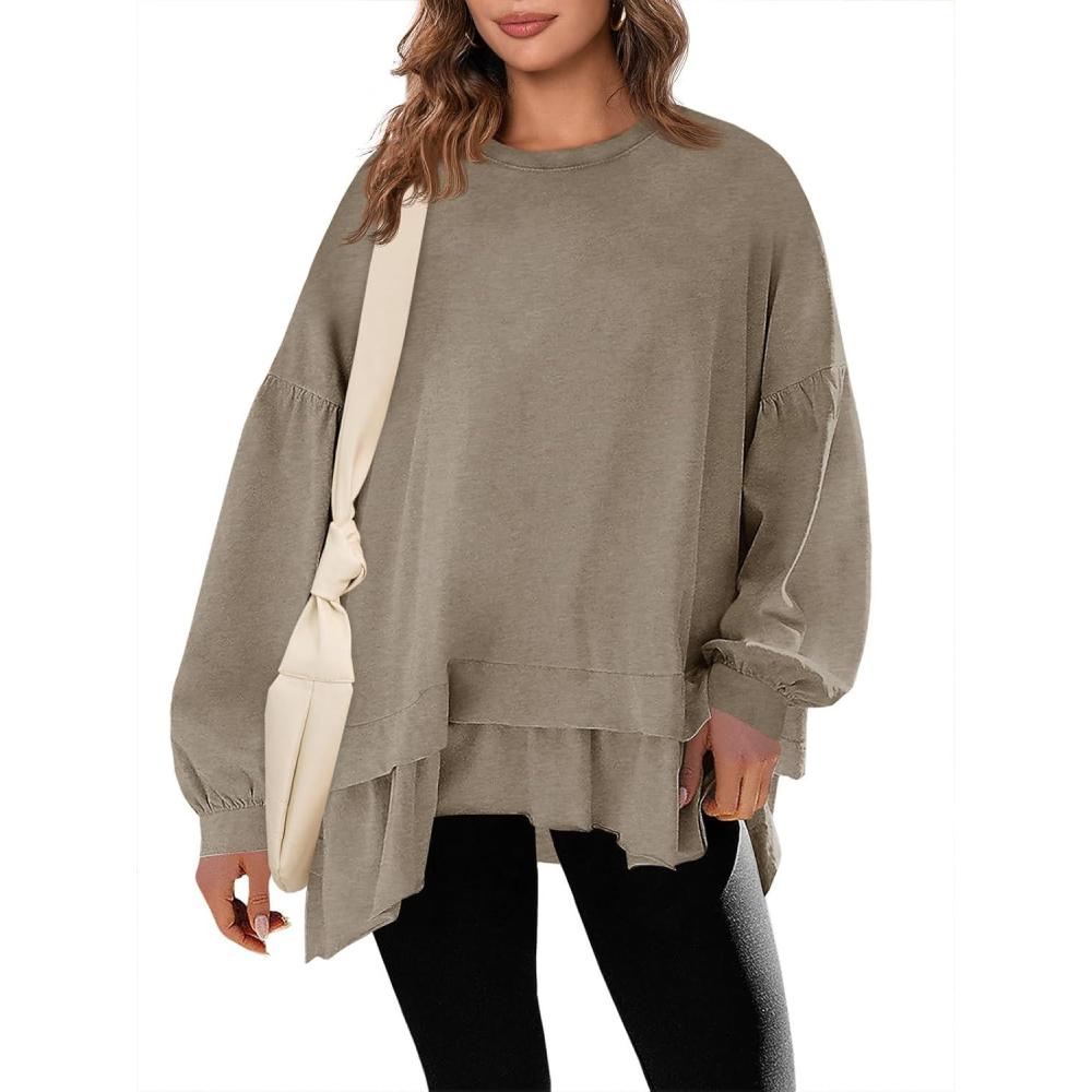 imageTankaneo Womens Oversized Tops Peplum Puff Long Sleeve Shirts Trendy Casual Loose Fit Crew Neck Tunic ShirtsDark Khaki