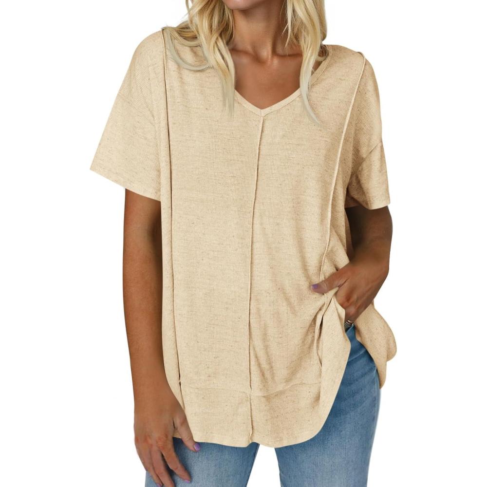 imageTankaneo Womens Oversized Tshirts Knit V Neck Short Sleeve Tunic Tops Summer Casual Loose Fit Tee ShirtsApricot