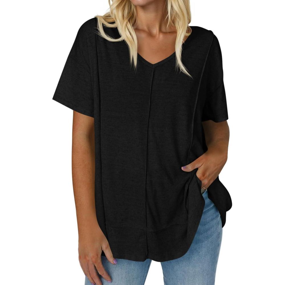imageTankaneo Womens Oversized Tshirts Knit V Neck Short Sleeve Tunic Tops Summer Casual Loose Fit Tee ShirtsBlack