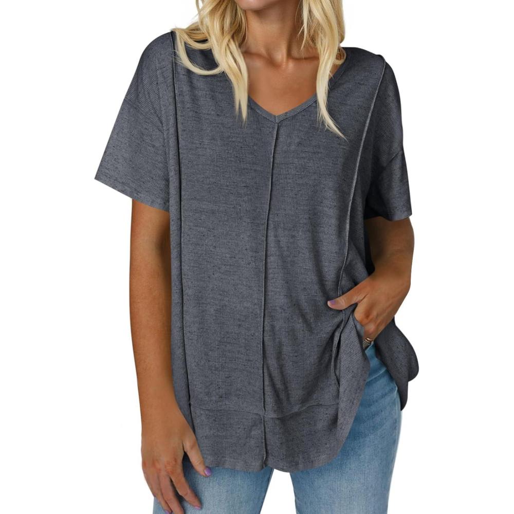 imageTankaneo Womens Oversized Tshirts Knit V Neck Short Sleeve Tunic Tops Summer Casual Loose Fit Tee ShirtsGrey