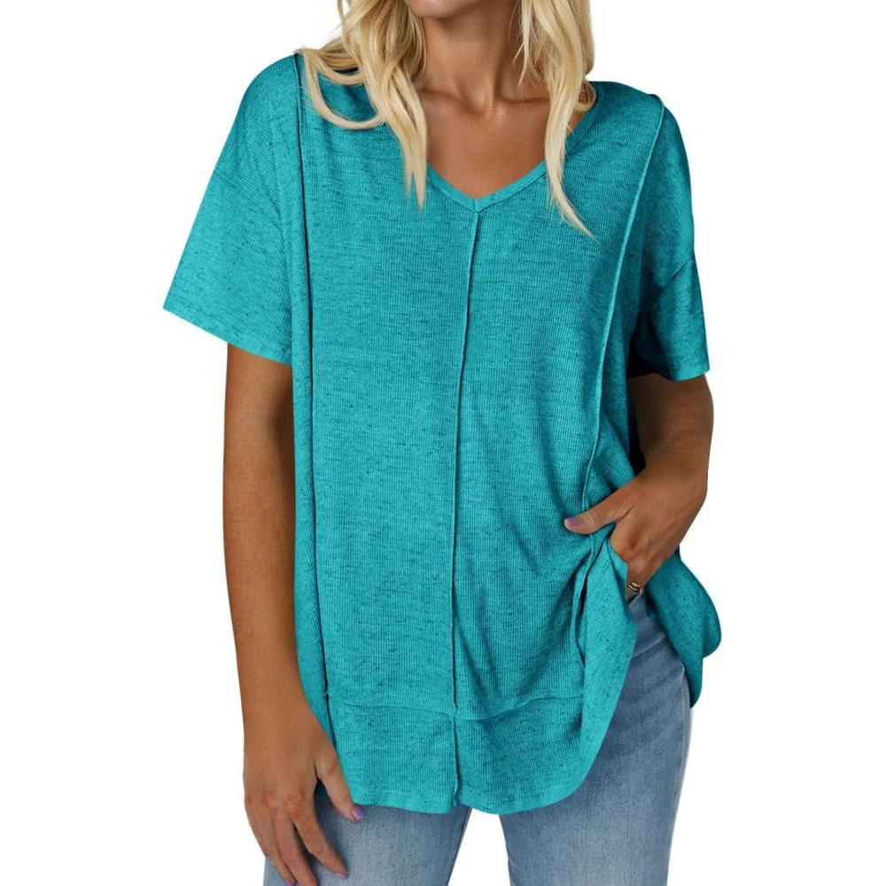 imageTankaneo Womens Oversized Tshirts Knit V Neck Short Sleeve Tunic Tops Summer Casual Loose Fit Tee ShirtsLake Blue