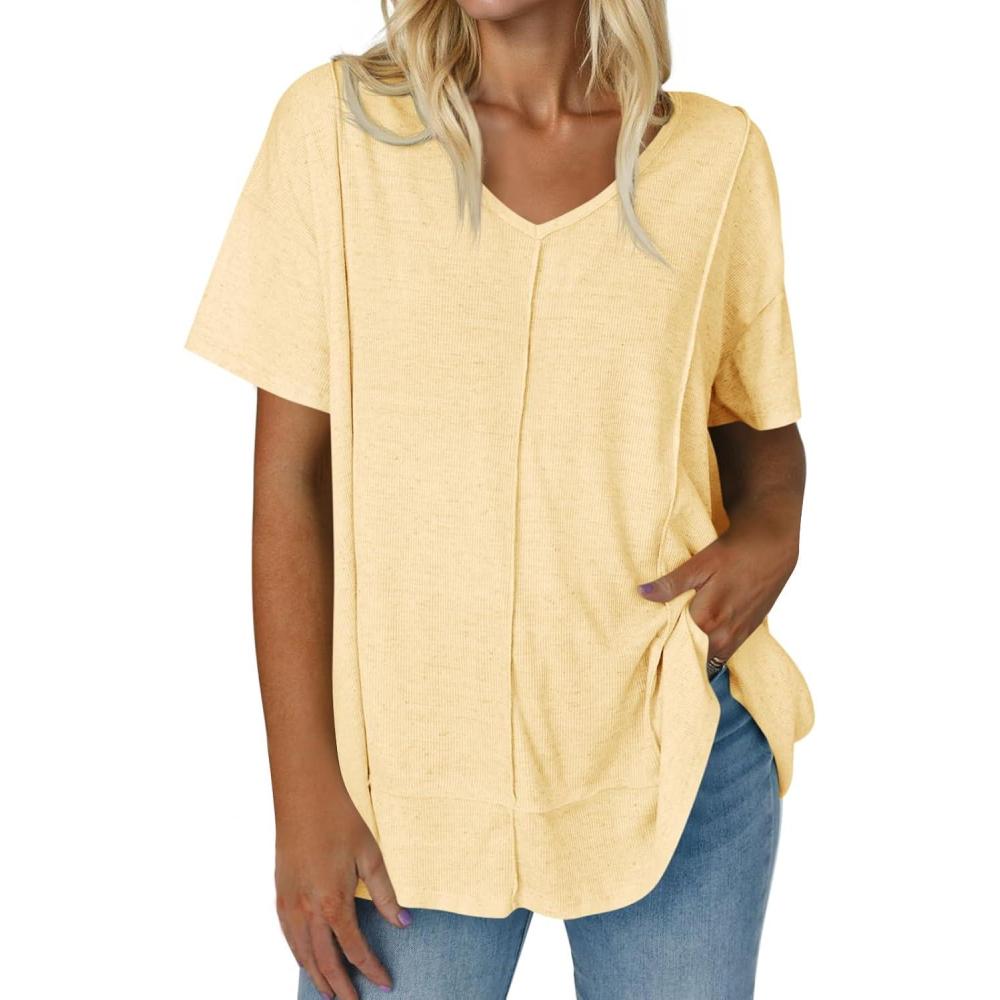 imageTankaneo Womens Oversized Tshirts Knit V Neck Short Sleeve Tunic Tops Summer Casual Loose Fit Tee ShirtsLight Yellow