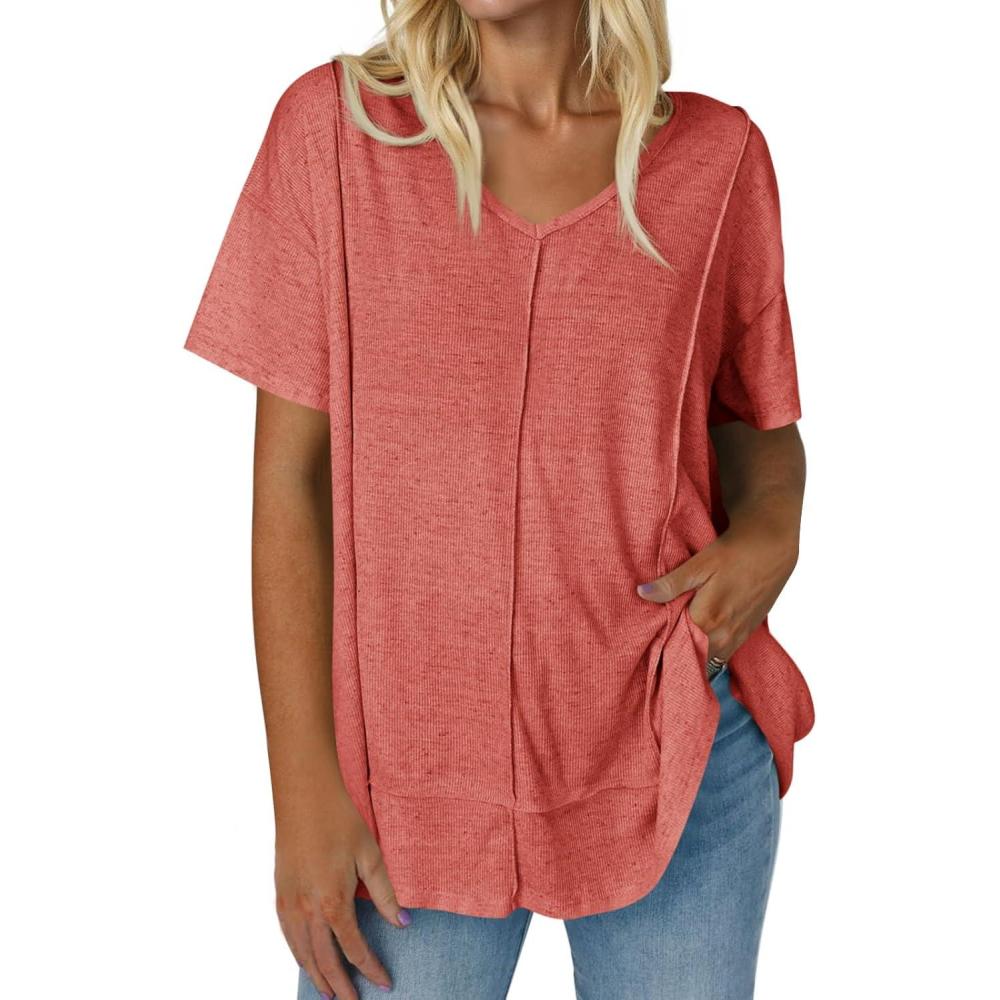 imageTankaneo Womens Oversized Tshirts Knit V Neck Short Sleeve Tunic Tops Summer Casual Loose Fit Tee ShirtsOrange Red