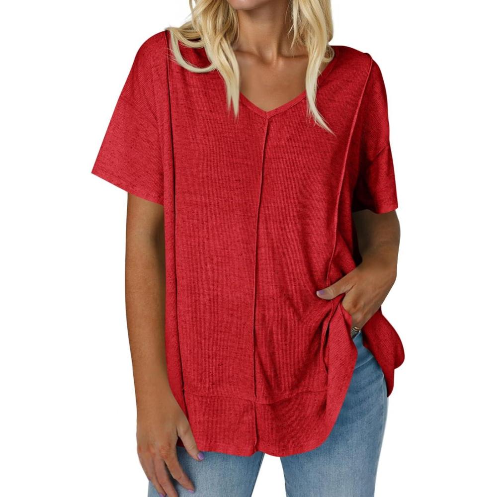imageTankaneo Womens Oversized Tshirts Knit V Neck Short Sleeve Tunic Tops Summer Casual Loose Fit Tee ShirtsRed