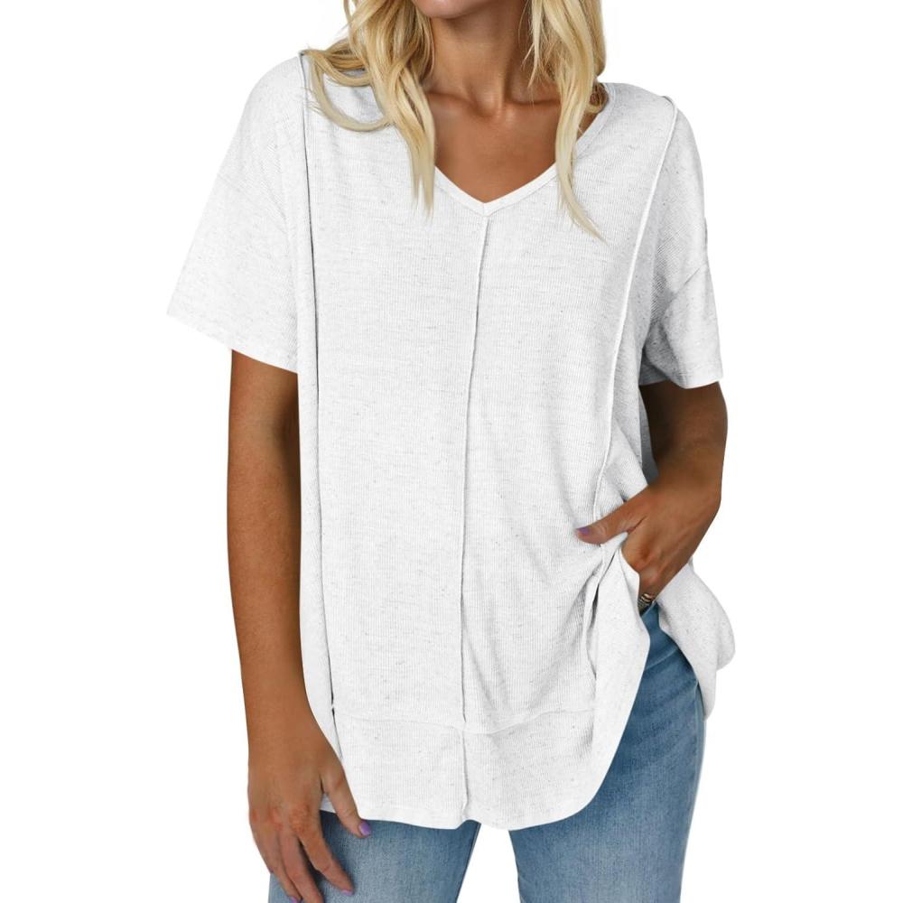 imageTankaneo Womens Oversized Tshirts Knit V Neck Short Sleeve Tunic Tops Summer Casual Loose Fit Tee ShirtsWhite