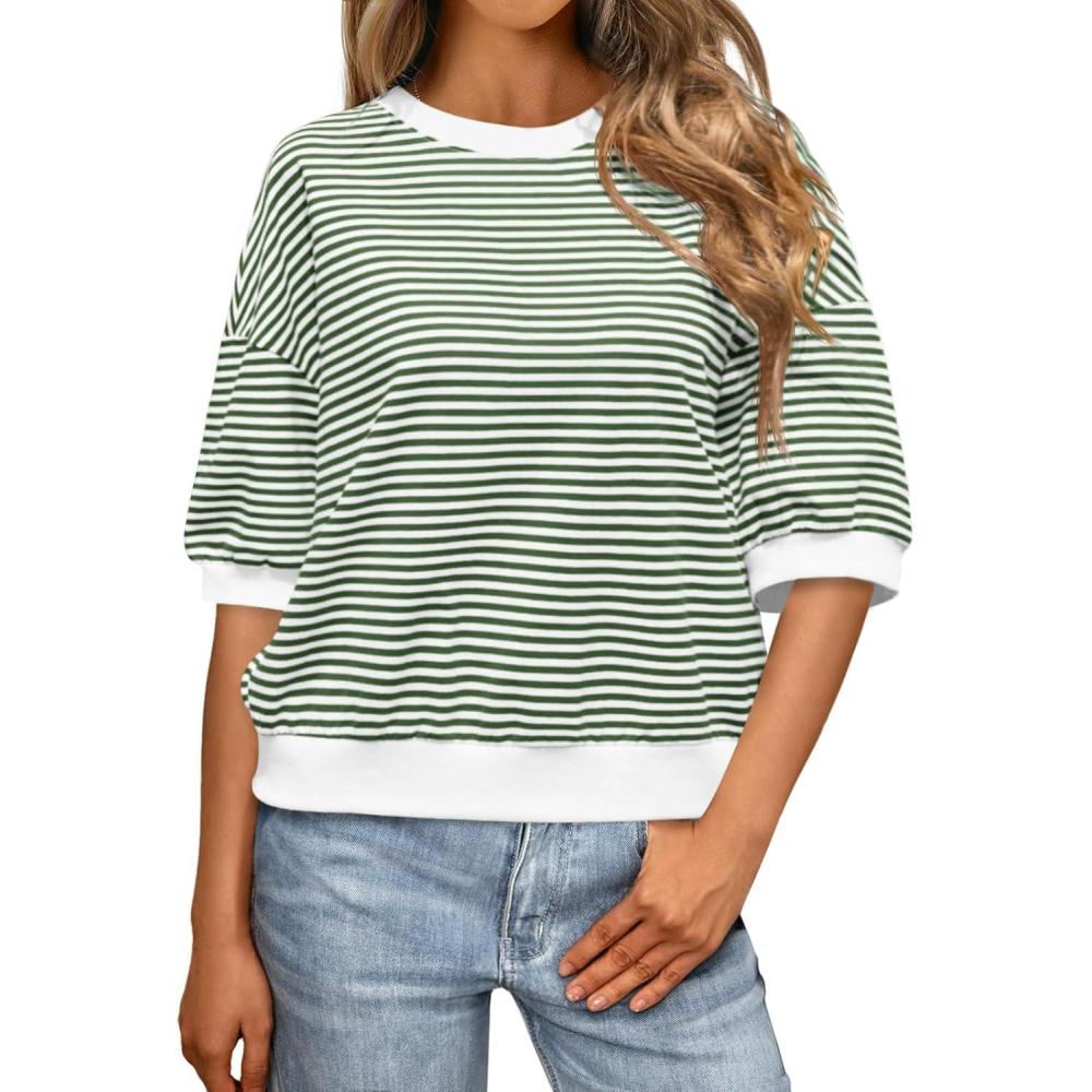 imageTankaneo Womens Puff Sleeve Striped T Shirt Oversized Cropped Summer Casual Cotton Tops Loose Fitting Crewneck SweatshirtArmy Green