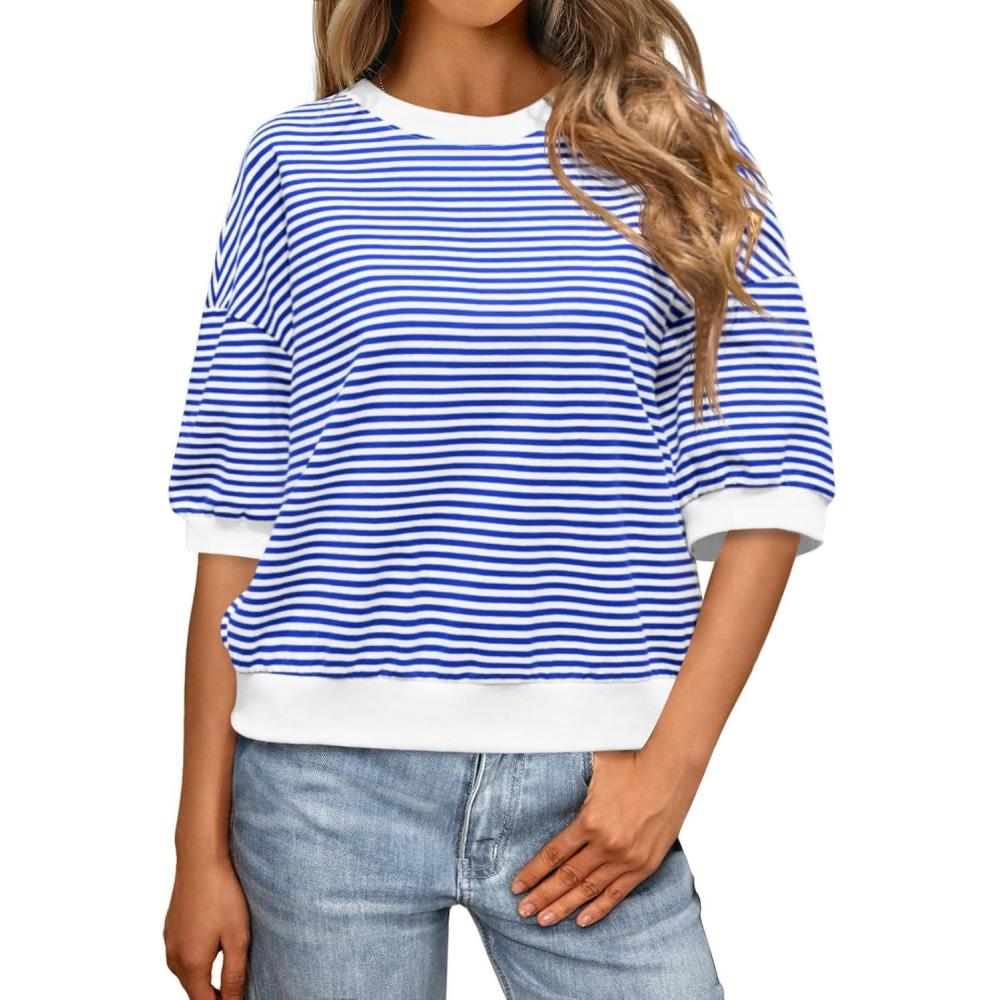 imageTankaneo Womens Puff Sleeve Striped T Shirt Oversized Cropped Summer Casual Cotton Tops Loose Fitting Crewneck SweatshirtBlue
