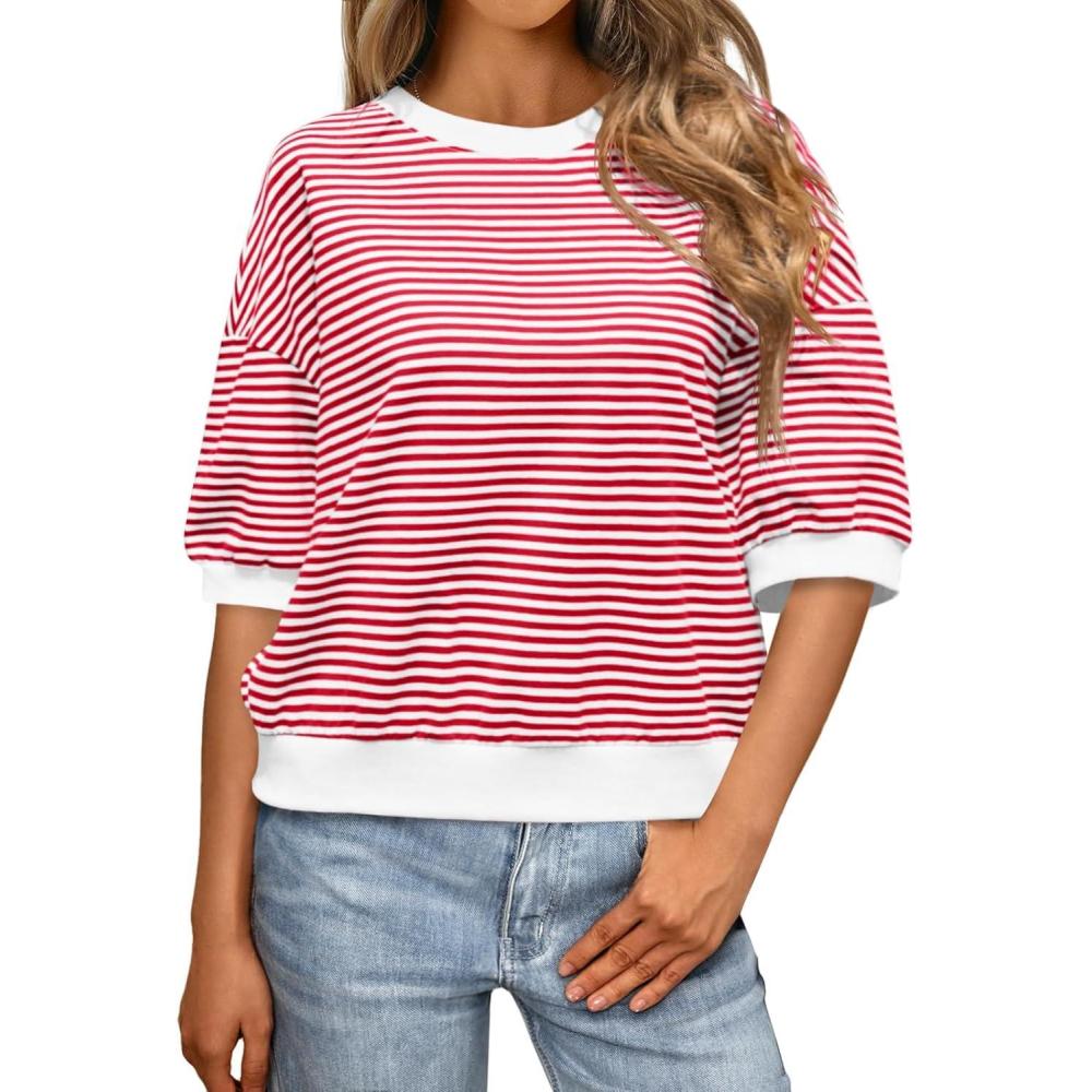 imageTankaneo Womens Puff Sleeve Striped T Shirt Oversized Cropped Summer Casual Cotton Tops Loose Fitting Crewneck SweatshirtRed