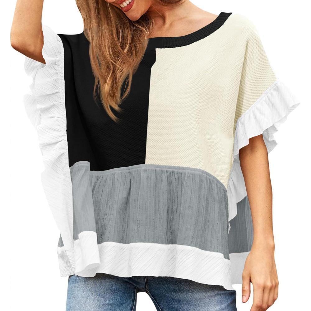 imageTankaneo Womens Ruffle Batwing Sleeve Tops Summer Casual Color Block TShirts Loose Fit Peplum Babydoll BlouseBlack