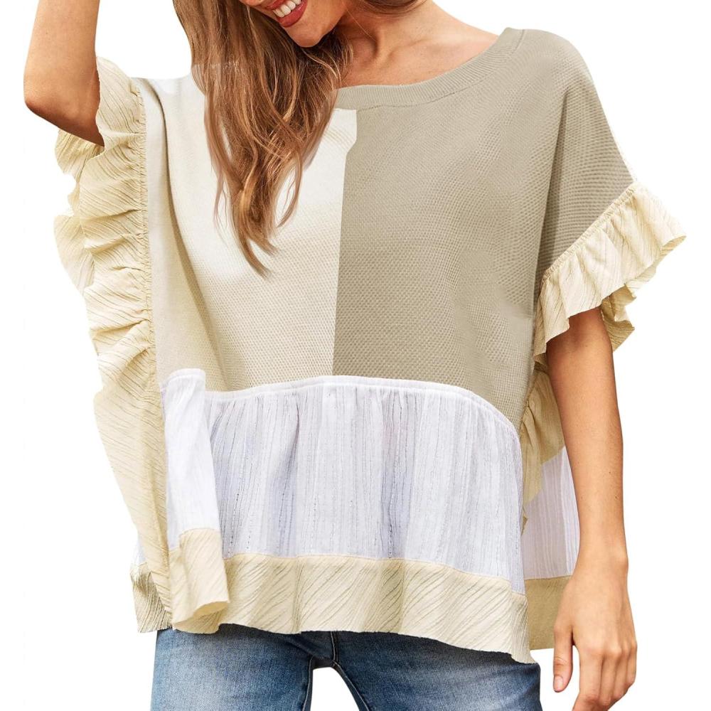 imageTankaneo Womens Ruffle Batwing Sleeve Tops Summer Casual Color Block TShirts Loose Fit Peplum Babydoll BlouseKhaki