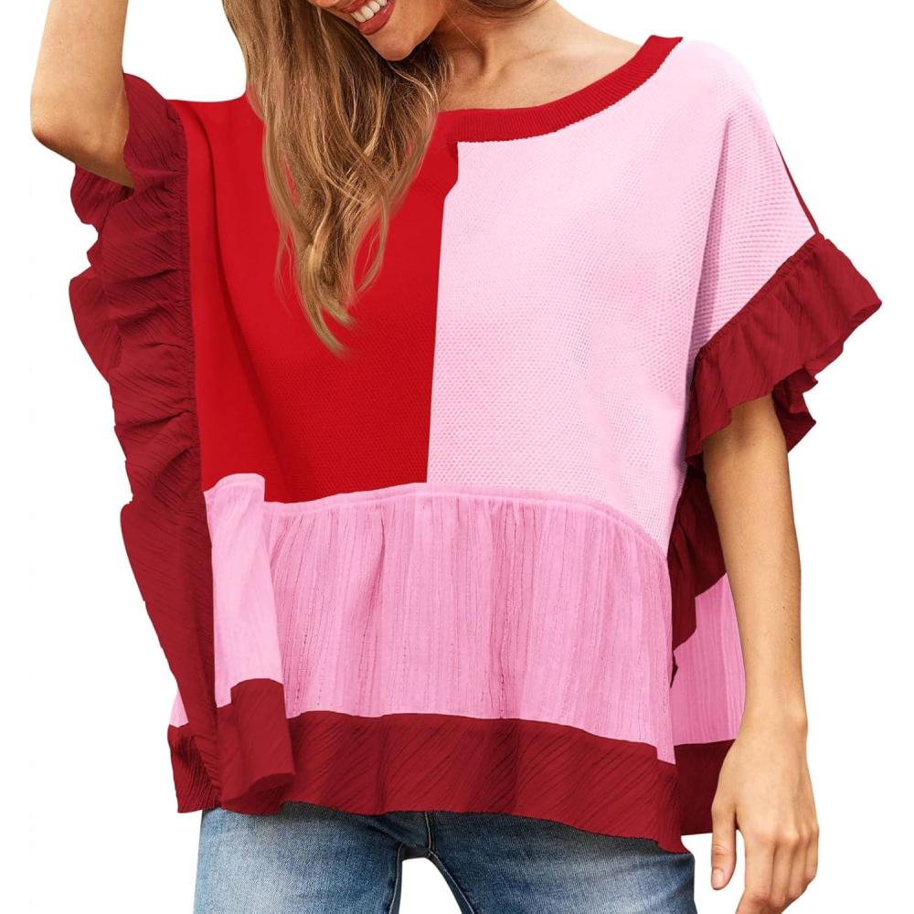 imageTankaneo Womens Ruffle Batwing Sleeve Tops Summer Casual Color Block TShirts Loose Fit Peplum Babydoll BlouseRed