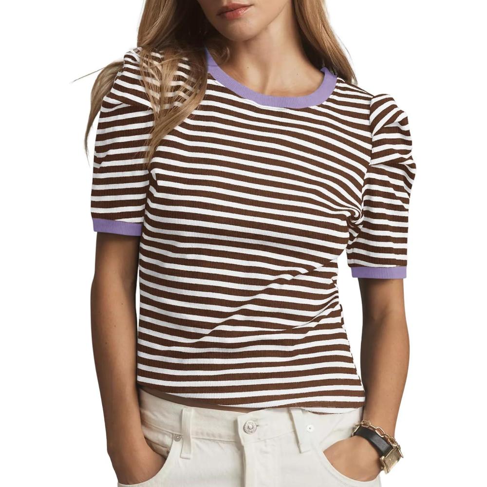 imageTankaneo Womens Short Puff Sleeve Tops Trendy Striped Color Block T Shirts Crewneck Casual ShirtsCoffee White