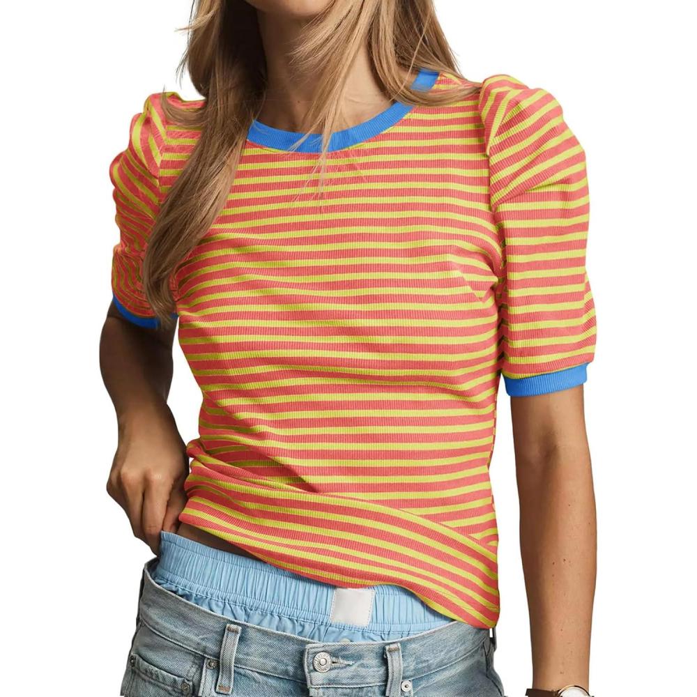 imageTankaneo Womens Short Puff Sleeve Tops Trendy Striped Color Block T Shirts Crewneck Casual ShirtsOrange Yellow