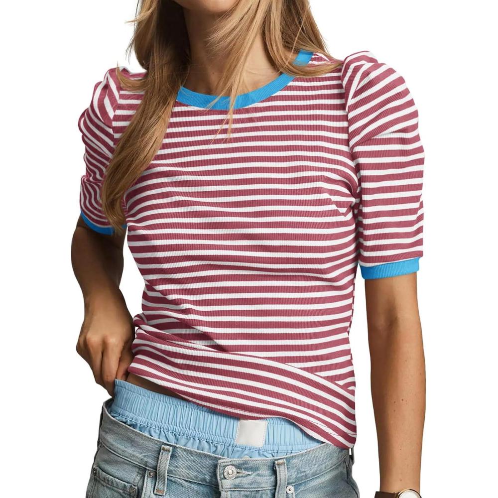 imageTankaneo Womens Short Puff Sleeve Tops Trendy Striped Color Block T Shirts Crewneck Casual ShirtsPink White