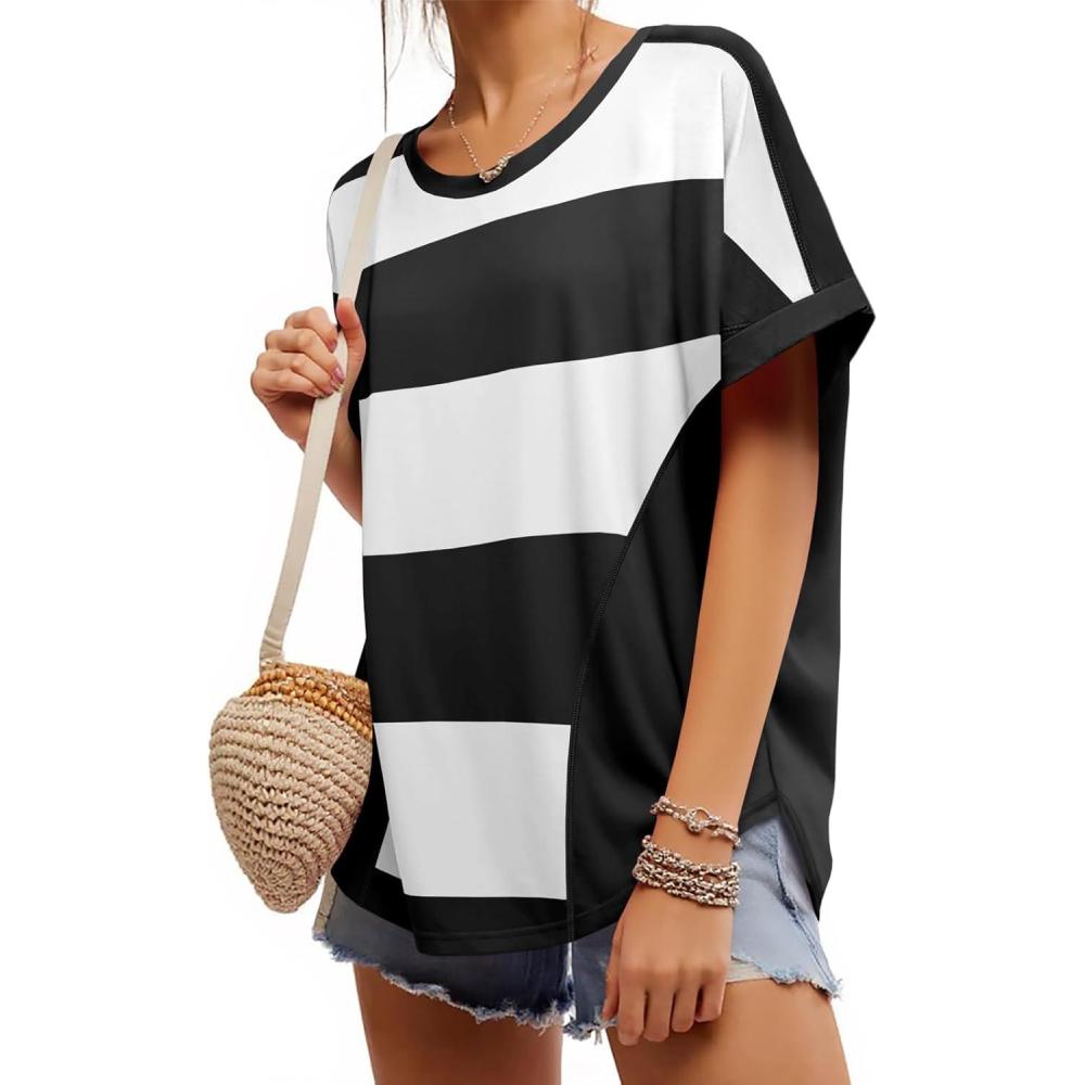 imageTankaneo Womens Summer Tops Striped Oversized Short Sleeve Crew Neck Color Block Casual T Shirts Loose Basic Tee BlousesBlack White