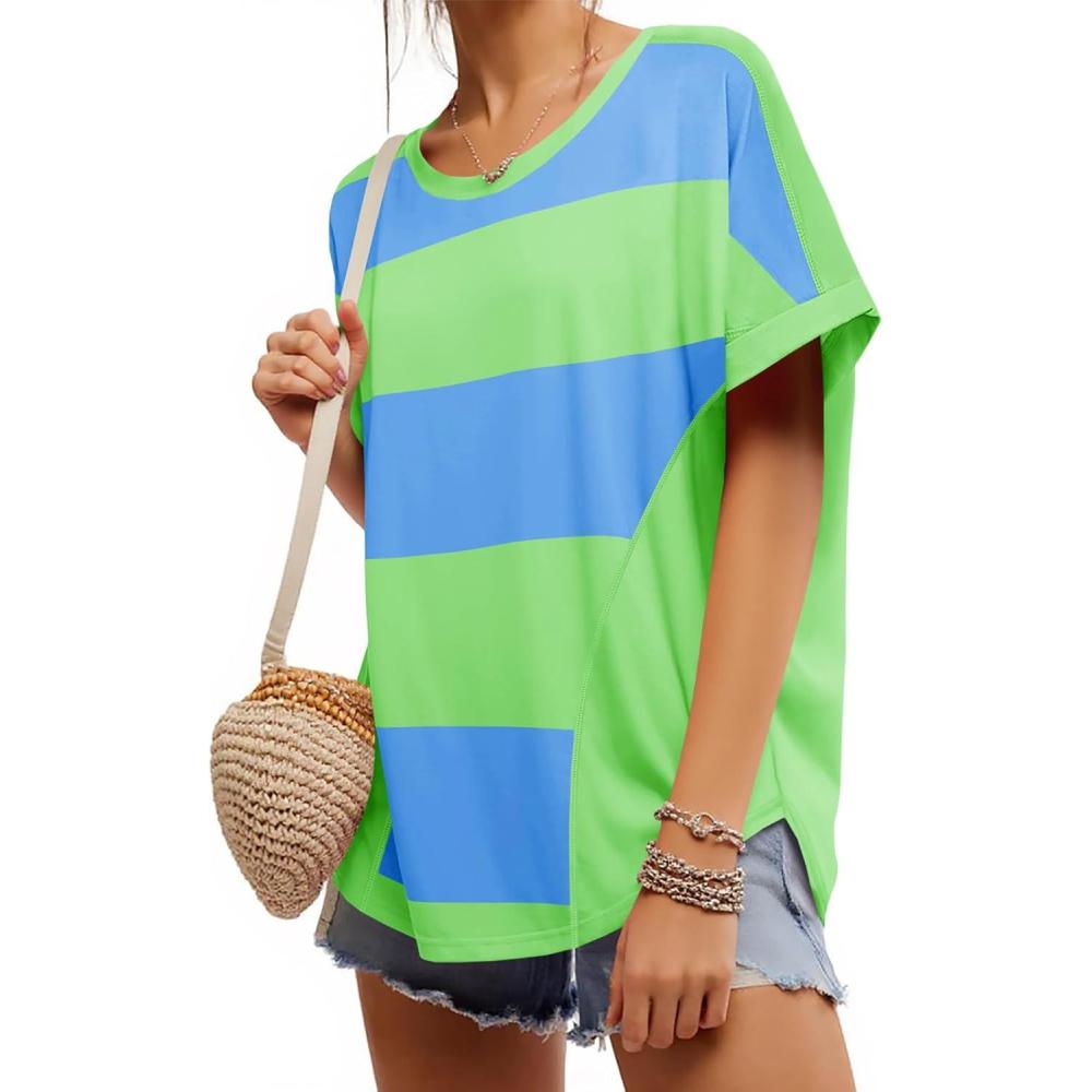 imageTankaneo Womens Summer Tops Striped Oversized Short Sleeve Crew Neck Color Block Casual T Shirts Loose Basic Tee BlousesFluorescent Green