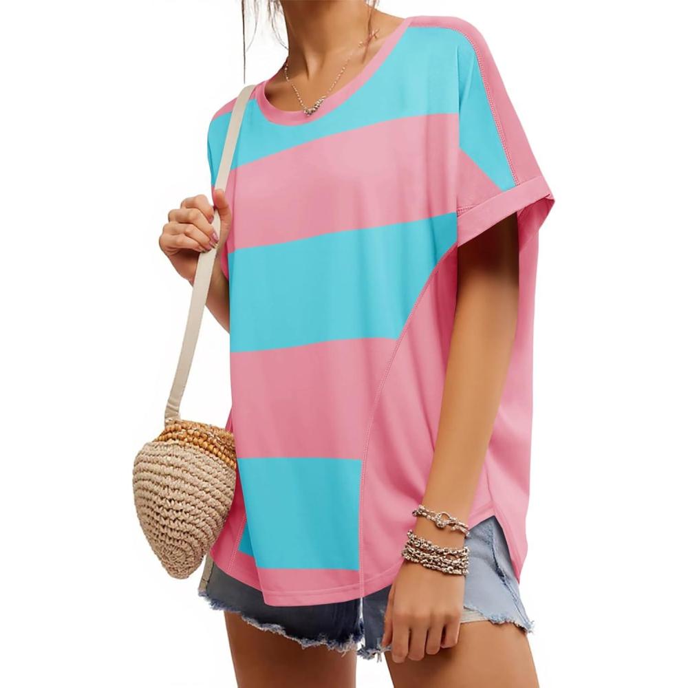 imageTankaneo Womens Summer Tops Striped Oversized Short Sleeve Crew Neck Color Block Casual T Shirts Loose Basic Tee BlousesNaked Pink