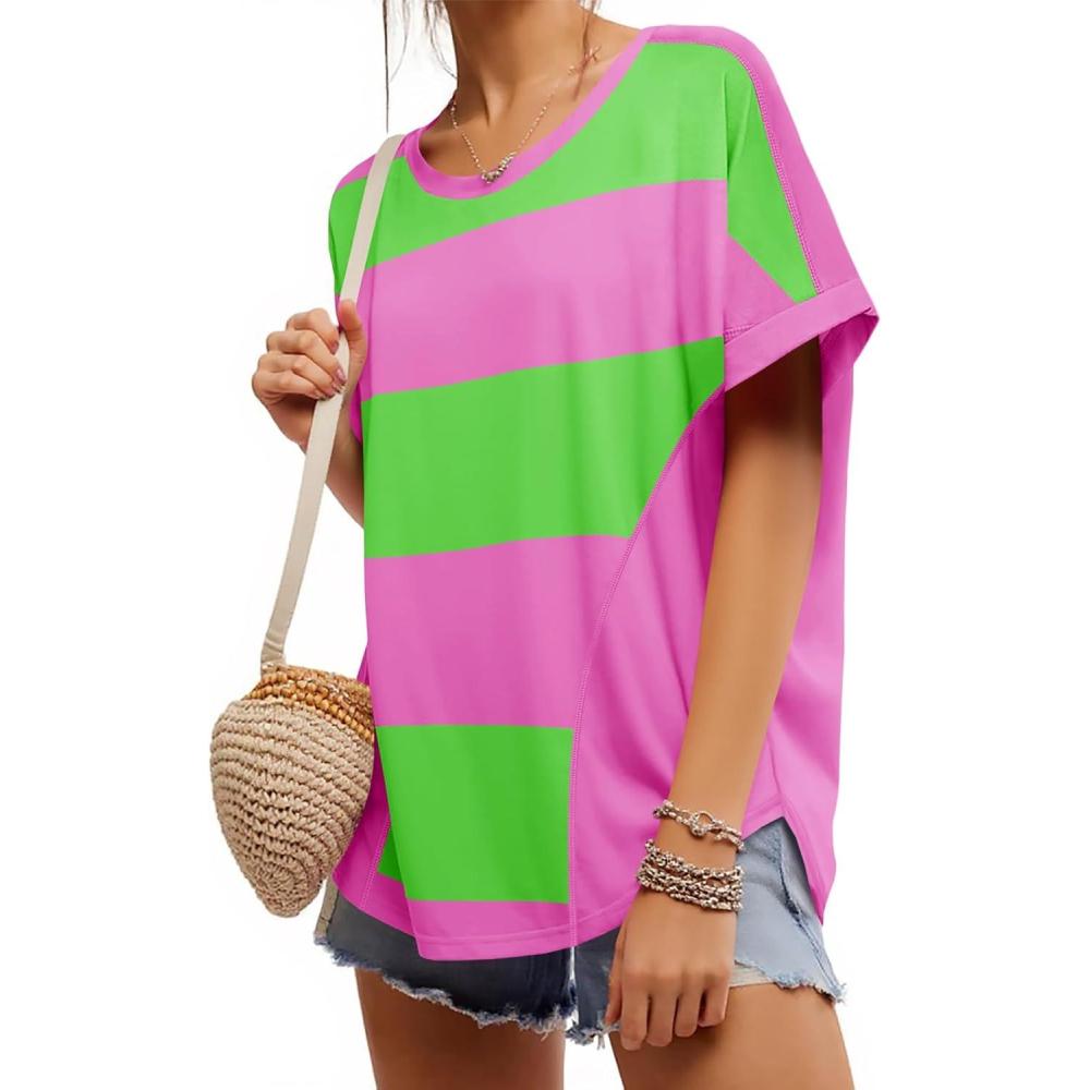 imageTankaneo Womens Summer Tops Striped Oversized Short Sleeve Crew Neck Color Block Casual T Shirts Loose Basic Tee BlousesRose Red