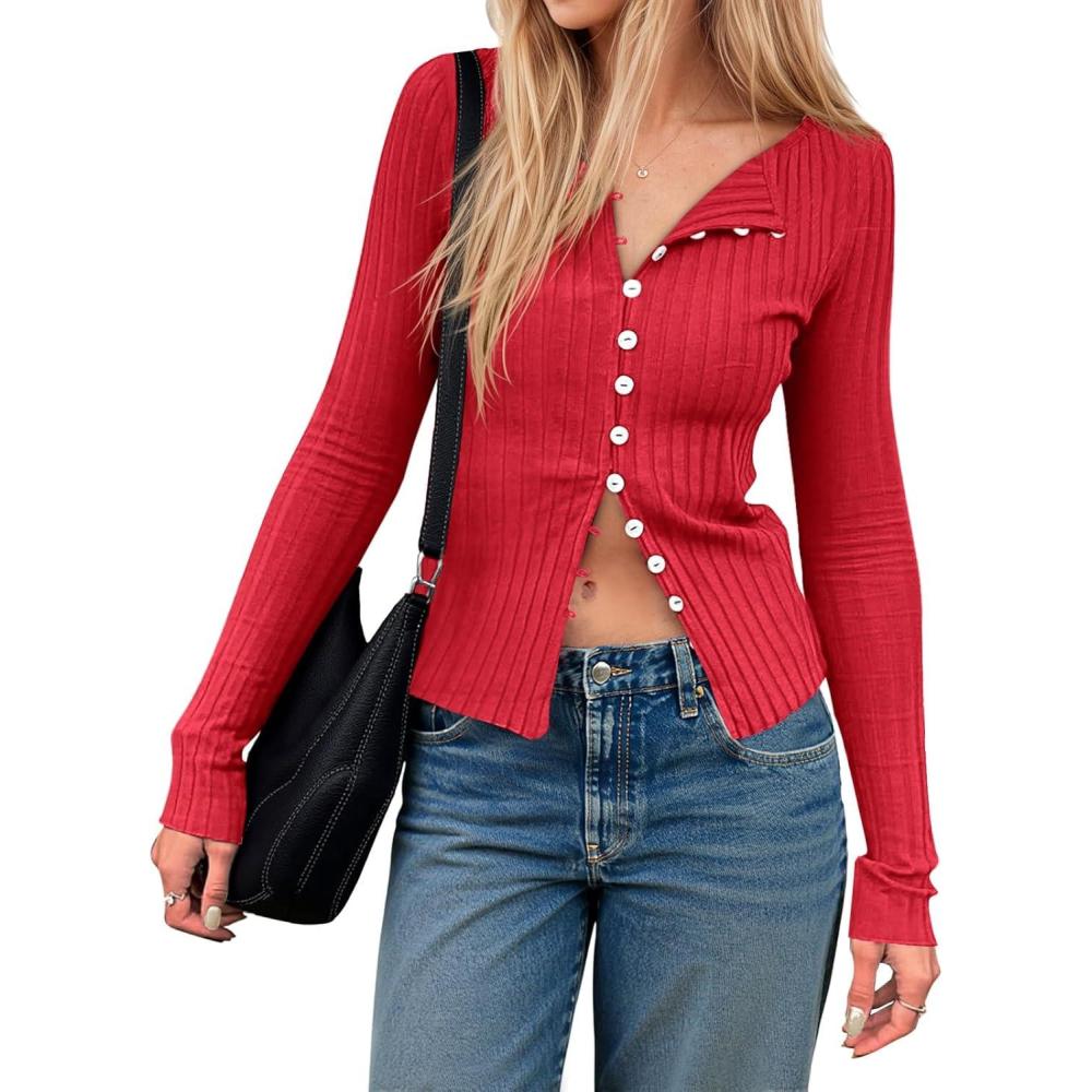 imageWomens Cardigans Button Down Long Sleeve Ribbed Shirts Cute Lighweight Fitted Y2K Fall TopsRed