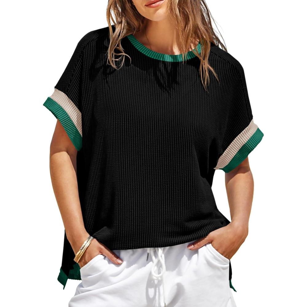 imageWomens Color Block Oversized Tops Trendy Casual Summer Textured Ribbed Knit T Shirts Loose Fit Short Sleeve TshirtsBlack