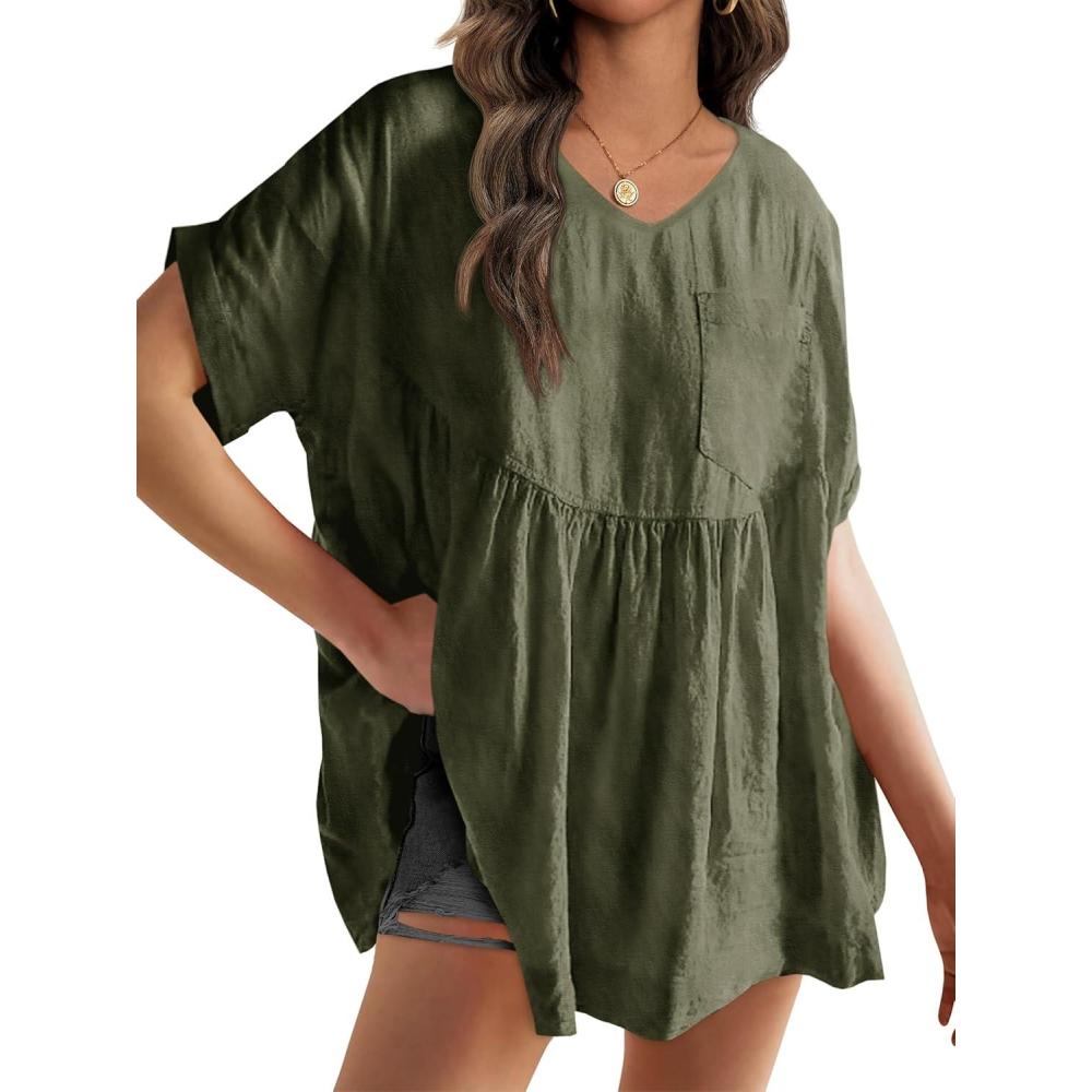 imageWomens V Neck Babydoll Tops Summer Short Sleeve Oversized Tshirts Casual Loose Fit Peplum Tunic ShirtsArmy Green