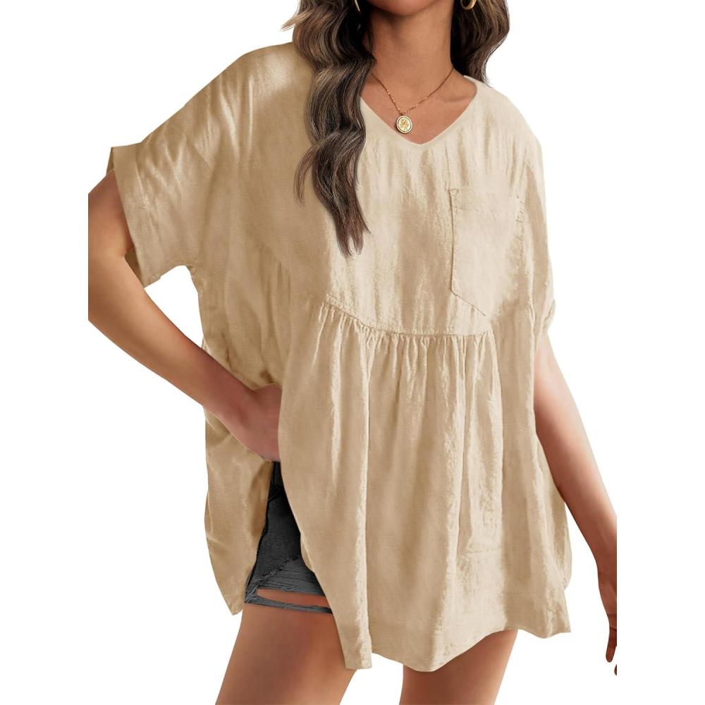 imageWomens V Neck Babydoll Tops Summer Short Sleeve Oversized Tshirts Casual Loose Fit Peplum Tunic ShirtsKhaki