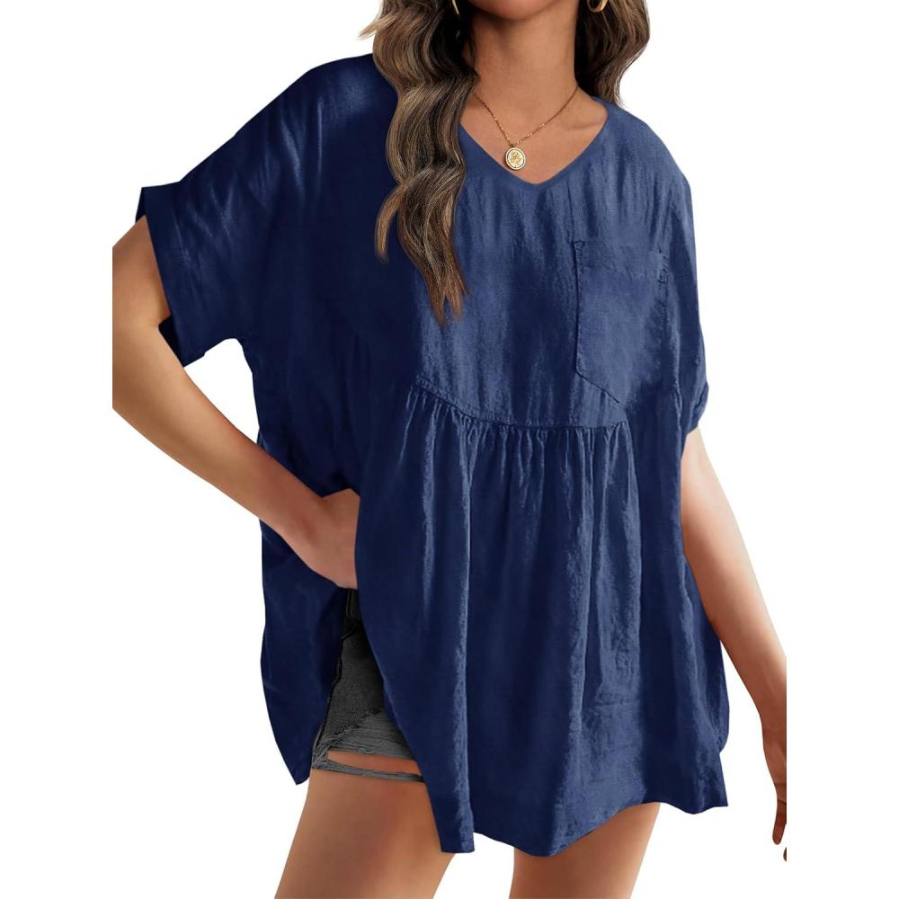 imageWomens V Neck Babydoll Tops Summer Short Sleeve Oversized Tshirts Casual Loose Fit Peplum Tunic ShirtsNavy
