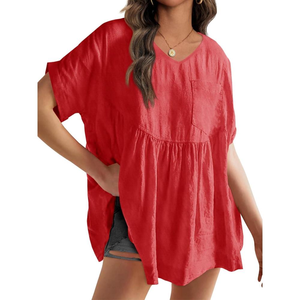 imageWomens V Neck Babydoll Tops Summer Short Sleeve Oversized Tshirts Casual Loose Fit Peplum Tunic ShirtsRed