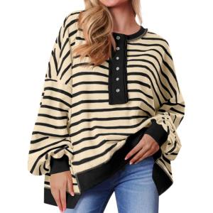 Tankaneo Womens Oversized Striped Sweatshirts Henley Shirts Color Block Casual Pullover Waffle Knit Tops(Beige)