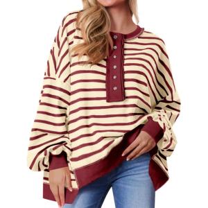 Tankaneo Womens Oversized Striped Sweatshirts Henley Shirts Color Block Casual Pullover Waffle Knit Tops(Beige Red)