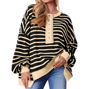 Tankaneo Womens Oversized Striped Sweatshirts Henley Shirts Color Block Casual Pullover Waffle Knit Tops(Black Beige)