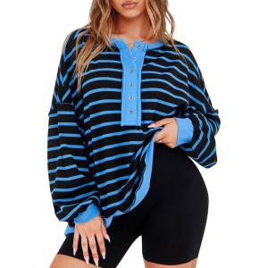 Tankaneo Womens Oversized Striped Sweatshirts Henley Shirts Color Block Casual Pullover Waffle Knit Tops(Black Blue)
