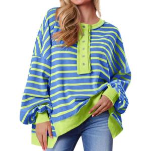 Tankaneo Womens Oversized Striped Sweatshirts Henley Shirts Color Block Casual Pullover Waffle Knit Tops(Blue)