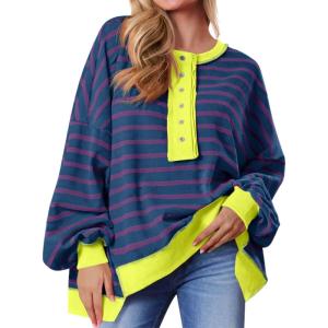 Tankaneo Womens Oversized Striped Sweatshirts Henley Shirts Color Block Casual Pullover Waffle Knit Tops(Navy)