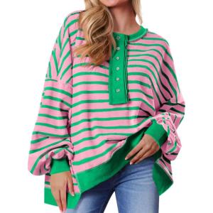 Tankaneo Womens Oversized Striped Sweatshirts Henley Shirts Color Block Casual Pullover Waffle Knit Tops(Pink Green)