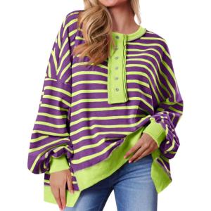 Tankaneo Womens Oversized Striped Sweatshirts Henley Shirts Color Block Casual Pullover Waffle Knit Tops(Purple)