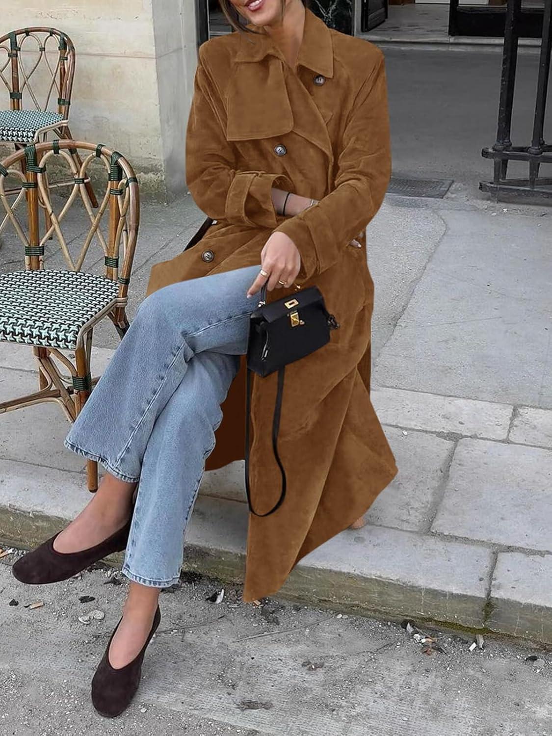 imageTankaneo Womens Long Trench Coat Fall Faux Suede Jackets Double Breasted Lapel Pea Coat with Belt