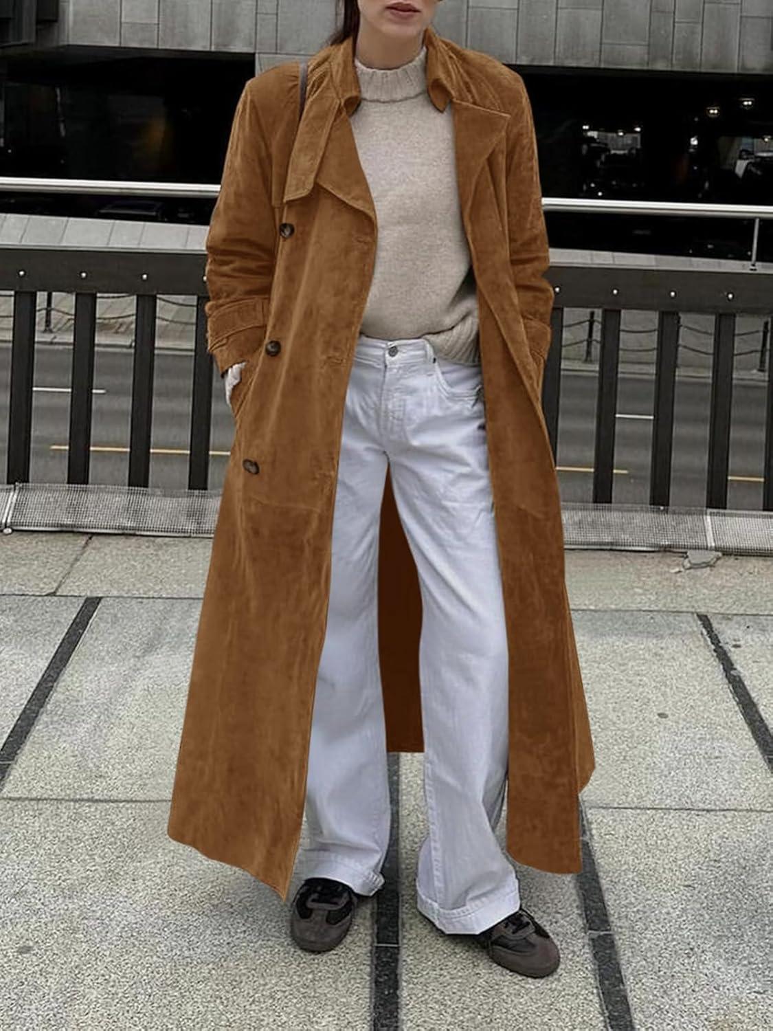 imageTankaneo Womens Long Trench Coat Fall Faux Suede Jackets Double Breasted Lapel Pea Coat with Belt