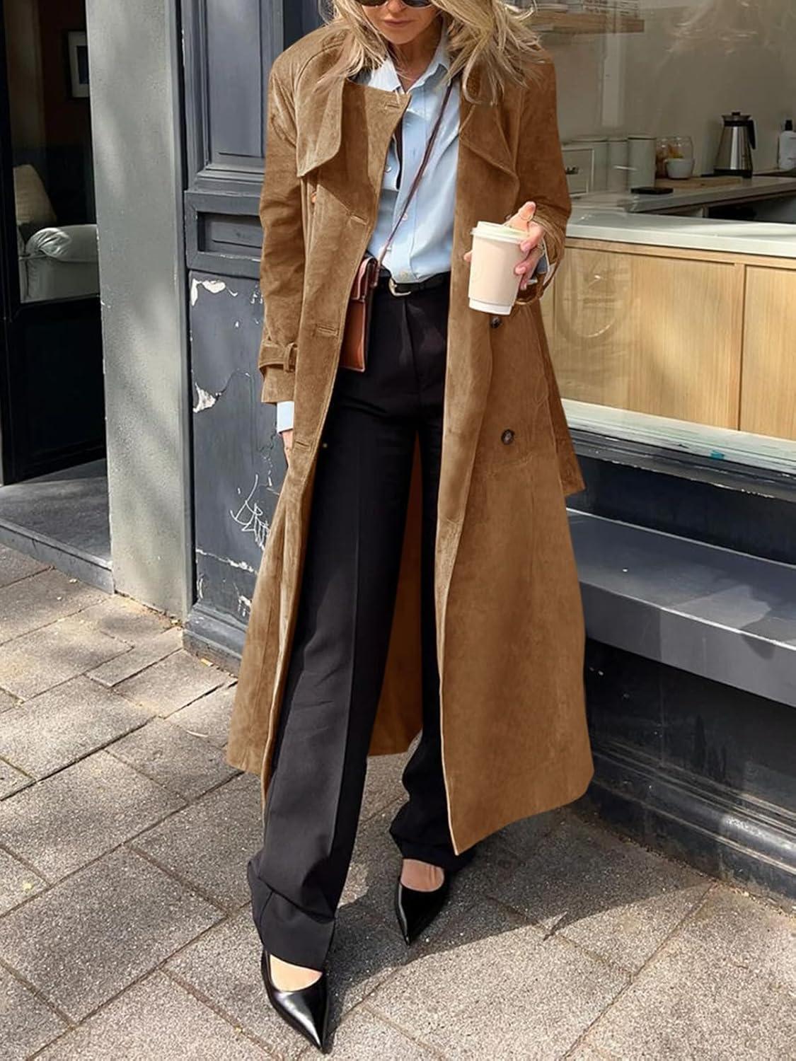 imageTankaneo Womens Long Trench Coat Fall Faux Suede Jackets Double Breasted Lapel Pea Coat with Belt