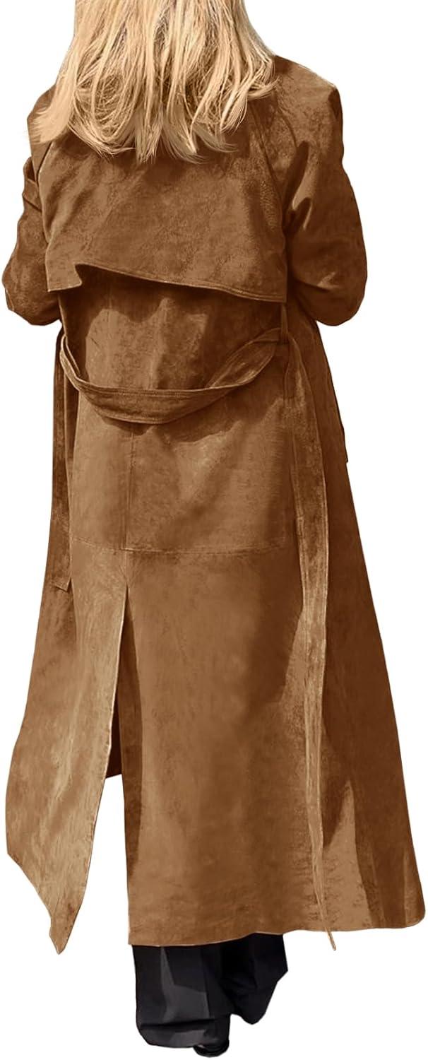 imageTankaneo Womens Long Trench Coat Fall Faux Suede Jackets Double Breasted Lapel Pea Coat with Belt