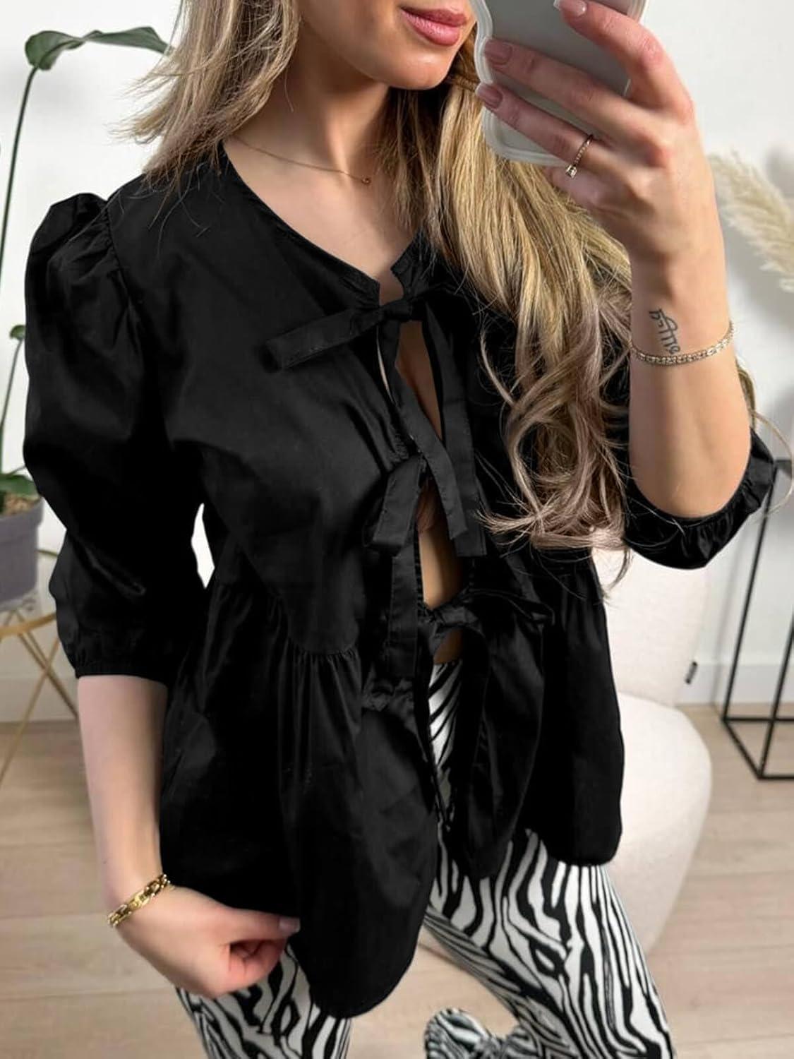imageTankaneo Womens Tie Front Tops Blouses Long Puff Sleeve Peplum Babydoll Bow Shirt Summer Coquette Tops Black