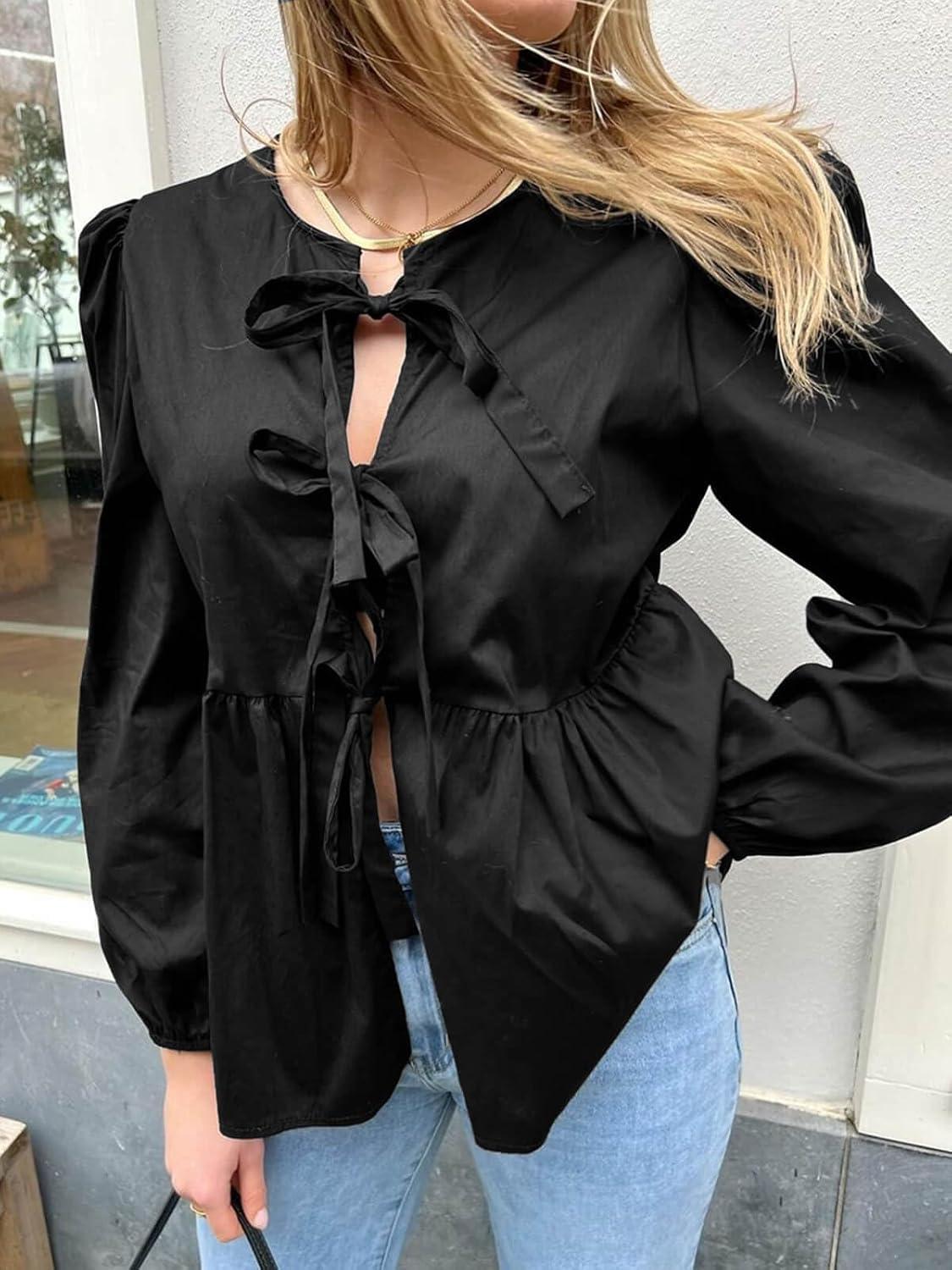 imageTankaneo Womens Tie Front Tops Blouses Long Puff Sleeve Peplum Babydoll Bow Shirt Summer Coquette Tops Black