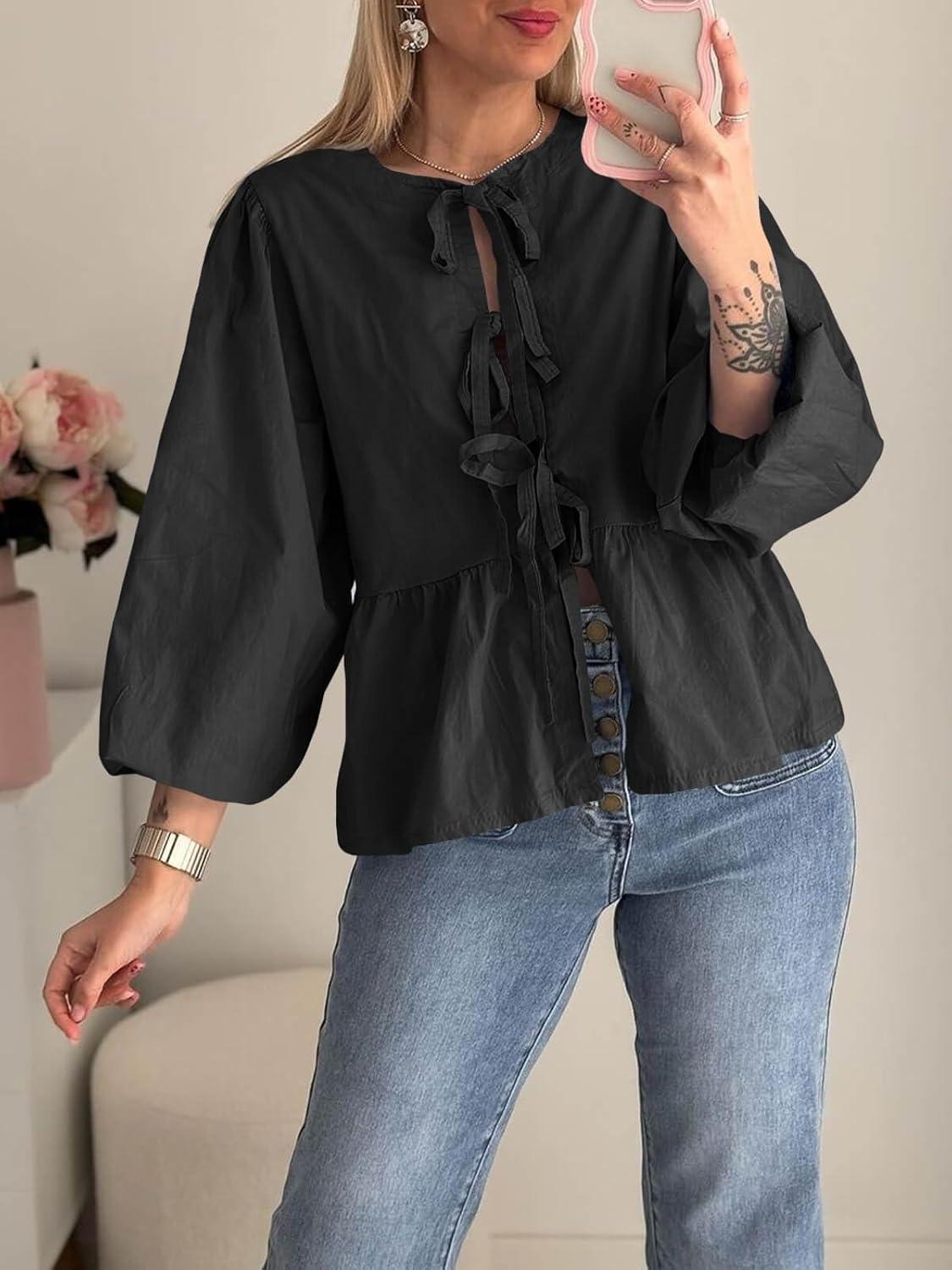 imageTankaneo Womens Tie Front Tops Blouses Long Puff Sleeve Peplum Babydoll Bow Shirt Summer Coquette Tops Black