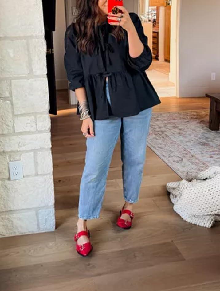 imageTankaneo Womens Tie Front Tops Blouses Long Puff Sleeve Peplum Babydoll Bow Shirt Summer Coquette Tops Black