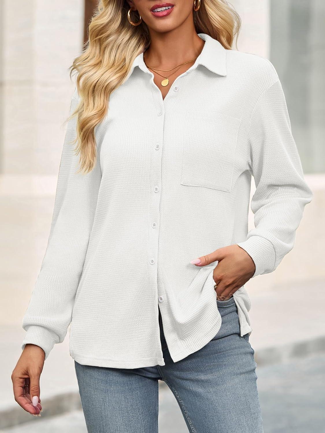 imageTankaneo Womens Waffle Knit Button Down Shirts Fall Dressy Casual Long Sleeve V Neck Blouse Loose Fit Work Tops ShacketWhite